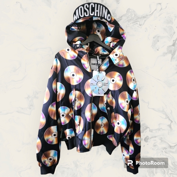 💿💎🆕Moschino X H&M Jeremy Scott CD Satin Bomber Jacket Size S Rare - Picture 3 of 8